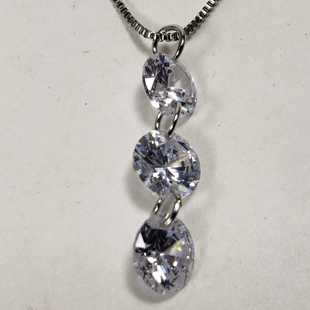 Necklace - Swarovski Crystal  - Triple Stones Drop Pendant, Rhodium Overlay, 18" - Picture 12 of 13